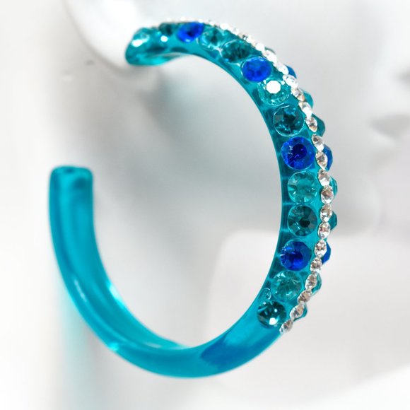 2.5" Clear Teal Lucite Blue Tones Rhinestone Hoops - Picture 7 of 10